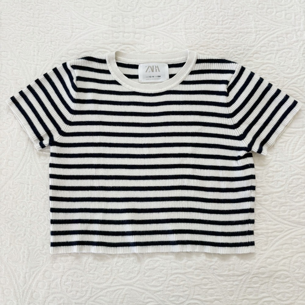 Zara Girls' Stripped Ribbed Knit Cropped Tee, Black / White Sz 13-14